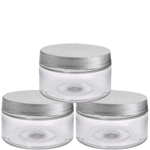 Load image into Gallery viewer, 12 Clear Low Profile Jars, PET Plastic Empty Cosmetic Containers &amp; Spoons 4 Oz 120mL Silver, Black, Copper, White, Caps Sugar Scrub, Salts