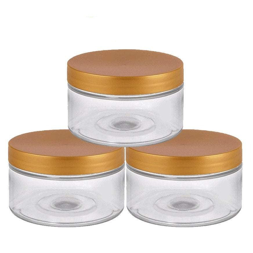 100 Units Clear Low Profile PET Plastic Empty Cosmetic Jars with Shiny Metallic SILVER LIDS & Spatulas