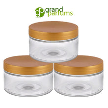 Load image into Gallery viewer, 50 Clear Low Profile Jars, PET Plastic Empty Cosmetic Containers &amp; Spoons 4 Oz 120mL Silver, Black, Copper, White, Caps Sugar Scrub, Salts