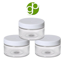 Load image into Gallery viewer, 50 Clear Low Profile Jars, PET Plastic Empty Cosmetic Containers &amp; Spoons 4 Oz 120mL Silver, Black, Copper, White, Caps Sugar Scrub, Salts