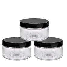 Load image into Gallery viewer, 3 Clear Low Profile Jars, PET Plastic Empty Cosmetic Containers &amp; Spoons 4 Oz Jar 120mL Silver, Black, Copper, White, Caps Sugar Scrub, Salt