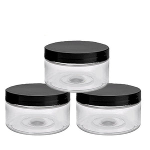 6 Clear Low Profile PET Plastic Empty Cosmetic Jars & Spoons 4 Oz 120mL Silver, Black, Copper, White, Caps Sugar Scrub, Salts, Conditioner