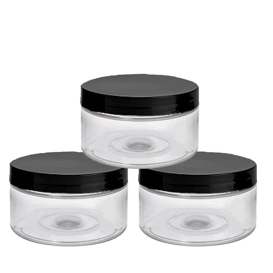 3 Clear Low Profile Jars, PET Plastic Empty Cosmetic Containers & Spoons 4 Oz Jar 120mL Silver, Black, Copper, White, Caps Sugar Scrub, Salt