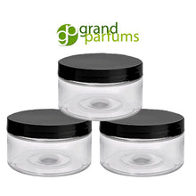 Load image into Gallery viewer, 50 Clear Low Profile Jars, PET Plastic Empty Cosmetic Containers &amp; Spoons 4 Oz 120mL Silver, Black, Copper, White, Caps Sugar Scrub, Salts