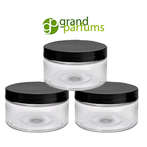 50 Clear Low Profile Jars, PET Plastic Empty Cosmetic Containers & Spoons 4 Oz 120mL Silver, Black, Copper, White, Caps Sugar Scrub, Salts