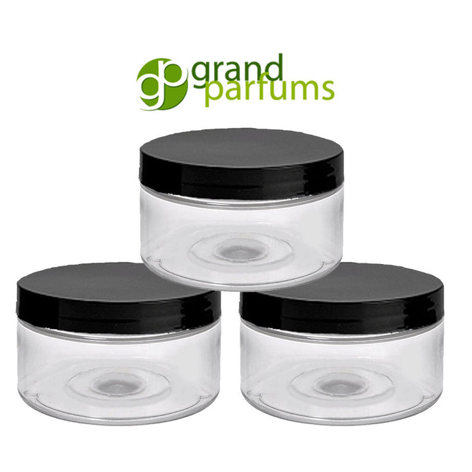 50 Clear Low Profile Jars, PET Plastic Empty Cosmetic Containers & Spoons 4 Oz 120mL Silver, Black, Copper, White, Caps Sugar Scrub, Salts