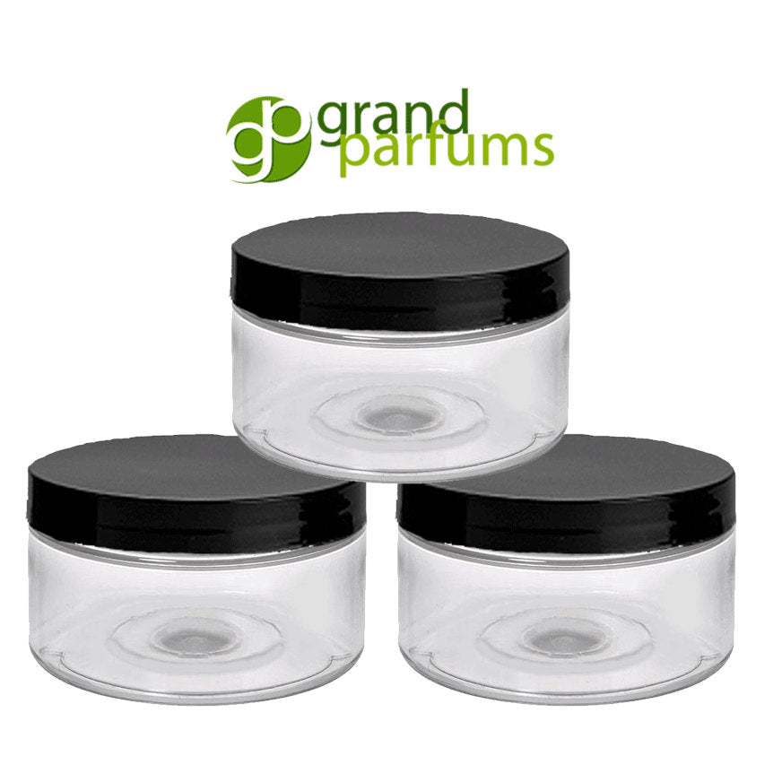 50 Clear Low Profile Jars, PET Plastic Empty Cosmetic Containers & Spoons 4 Oz 120mL Silver, Black, Copper, White, Caps Sugar Scrub, Salts