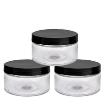 Load image into Gallery viewer, 12 Clear Low Profile Jars, PET Plastic Empty Cosmetic Containers &amp; Spoons 4 Oz 120mL Silver, Black, Copper, White, Caps Sugar Scrub, Salts