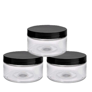 Clear Low Profile PET Plastic Empty Cosmetic Jars & Spoons 4 Oz 120mL w/ Silver, Black, Copper, White, Caps Sugar Scrub, Salts, Conditioner