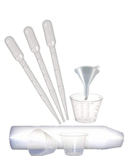Load image into Gallery viewer, 12 Disposable Pipettes Plastic, PVC Graduated Transfer Dropper Plus 1 Mini Funnel and Measuring Cup Essential Oil 1ml  Measuring Dispenser