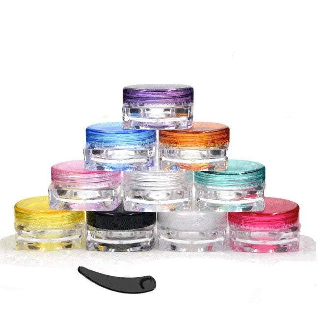 50 Assorted Colors 5g Jars 5 gram + Free Spatula/Spoons Mini Travel Sample Cream Solid Perfume Make-Up Cosmetic Party Favor 5ml Great Colors