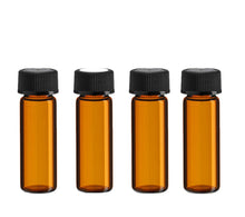 Load image into Gallery viewer, 100 Amber Glass Essential Oil Vials Bottles 1 DRAM 4 ml w/ Black Caps, FREE Lid Stickers