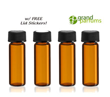 Load image into Gallery viewer, Amber Essential Oil Vials Bottles 1 DRAM 4 ml w/ Black Caps, FREE Lid Stickers Essential Oil Sample, Carrier Oil Sampler Cosmetic Bottles