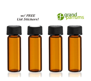 Amber Essential Oil Vials Bottles 1 DRAM 4 ml w/ Black Caps, FREE Lid Stickers Essential Oil Sample, Carrier Oil Sampler Cosmetic Bottles