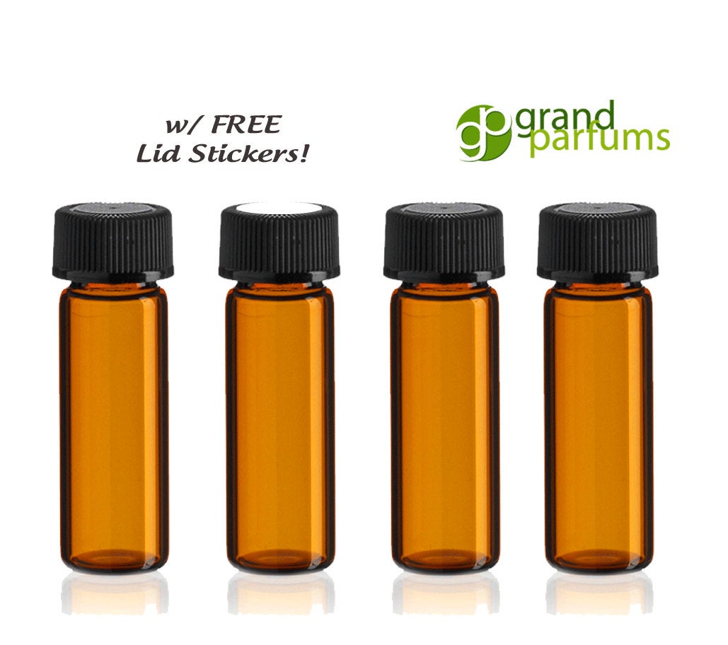 Amber Essential Oil Vials Bottles 1 DRAM 4 ml w/ Black Caps, FREE Lid Stickers Essential Oil Sample, Carrier Oil Sampler Cosmetic Bottles