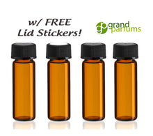 Load image into Gallery viewer, 36 Amber Glass Essential Oil Vials Bottles 1 DRAM Approximately 4 ml w/ Black Caps Essential Oil, Carrier Oil Sampler Cosmetic Vials