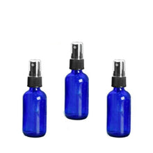 Load image into Gallery viewer, 12 Premium COBALT BLUE (1 Oz.) Blue Spray Bottles GLASS w/ Black Fine Mist Sprayer 1 Ounce 30ml Boston Round Bottles (Spray Caps) Atomizer