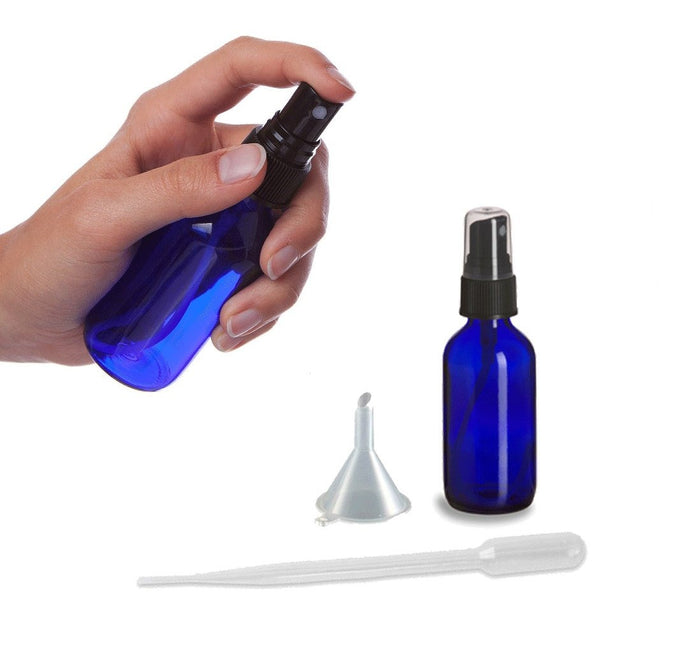 24 Cobalt Blue 2 Oz Glass Spray Bottles w/ Black Fine Mist Sprayer Atomizer 2 Ounce 60mL Boston Round Aromatherapy, Perfume, Air Freshener