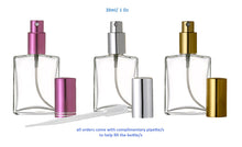 Load image into Gallery viewer, 3.4 Oz 100ml Square Rectangular Shaped Glass Atomizer Spray Bottles Mist Gold or Silver Spray Cap FREE Pipette, Refillable perfume bottles
