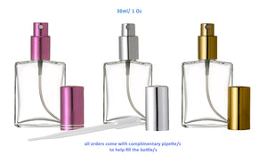 1.7 Oz 50ml Square Flat Glass Atomizer Spray Bottles Mist Sprayer PREMIUM Gold or Silver Spray Cap FREE Pipette, Refillable perfume bottles