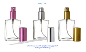 3.4 Oz 100ml Square Flat Glass Perfume Atomizer Spray Bottles Essential Oil Mist Gold or Silver Cap FREE Pipette & Funnel Refillable bottles