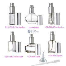 Load image into Gallery viewer, Perfume Atomizer Bottles EMPTY REFILLABLE Wedding, Party Favor 1/4- 1/2 Oz Fine Mist Spray Perfume Cologne, Oil Blends Gold or Silver