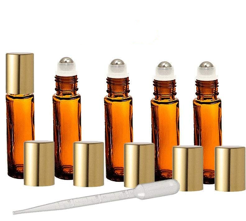 20 10ml Amber Glass Roll-on Bottles Stainless Steel Rollerballs GOLD COPPER or SILVER Caps  Perfume Essential Oil, Party Favor, Purse Travel