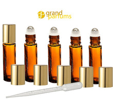 Load image into Gallery viewer, 6 10ml Amber Glass Roll-on Bottles Stainless Steel Rollerballs GOLD, COPPER or SILVER Caps  Perfume Essential Oil, Party Favor, Purse Travel