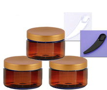 Load image into Gallery viewer, 10 Amber 4 Oz Empty Plastic Cosmetic Jars 120 mL w/ Silver Black Copper Lids for Sugar Scrub, Bath Salts, plus Spatula Low Profile PET Style
