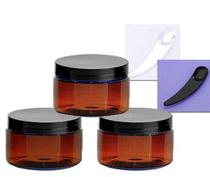 10 Amber 4 Oz Empty Plastic Cosmetic Jars 120 mL w/ Silver Black Copper Lids for Sugar Scrub, Bath Salts, plus Spatula Low Profile PET Style