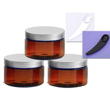 Load image into Gallery viewer, 10 Amber 4 Oz Empty Plastic Cosmetic Jars 120 mL w/ Silver Black Copper Lids for Sugar Scrub, Bath Salts, plus Spatula Low Profile PET Style