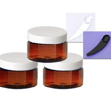 Load image into Gallery viewer, 3 Low Profile 4 Oz AMBER PET Jar, Empty Plastic Cosmetic Containers w/ Spatulas, White Caps, Body Cream, Powder, Beads, BPA Free 120gr
