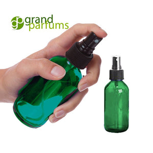 6 Classic Green 2 Oz Glass Atomizer Spray Bottles w/ Black Fine Mist 60ml Boston Round Essential Oil Aromatherapy Perfume Body Freshener