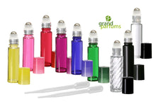 Load image into Gallery viewer, 6 10ml Empty Glass Roll On Bottles w/ PREMIUM GLASS ROLLERS Assorted Colors Essential Oil Perfume Pink Clear Blue Yellow Red Green Purple