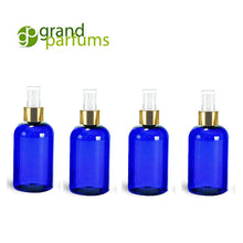 Load image into Gallery viewer, Premium Cobalt BLUE PET Plastic (BPA Free) Fine Mist Atomizer Bottles (4 Oz.) Blue Boston Round with Elegant Fancy Metallic Mist Sprayer