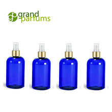 Load image into Gallery viewer, Premium Cobalt BLUE PET Plastic (BPA Free) Fine Mist Atomizer Bottles (4 Oz.) Blue Boston Round with Elegant Fancy Metallic Mist Sprayer