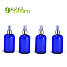 Load image into Gallery viewer, Premium Cobalt BLUE PET Plastic (BPA Free) Fine Mist Atomizer Bottles (4 Oz.) Blue Boston Round with Elegant Fancy Metallic Mist Sprayer