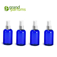 Load image into Gallery viewer, Premium Cobalt BLUE PET Plastic (BPA Free) Fine Mist Atomizer Bottles (4 Oz.) Blue Boston Round with Elegant Fancy Metallic Mist Sprayer