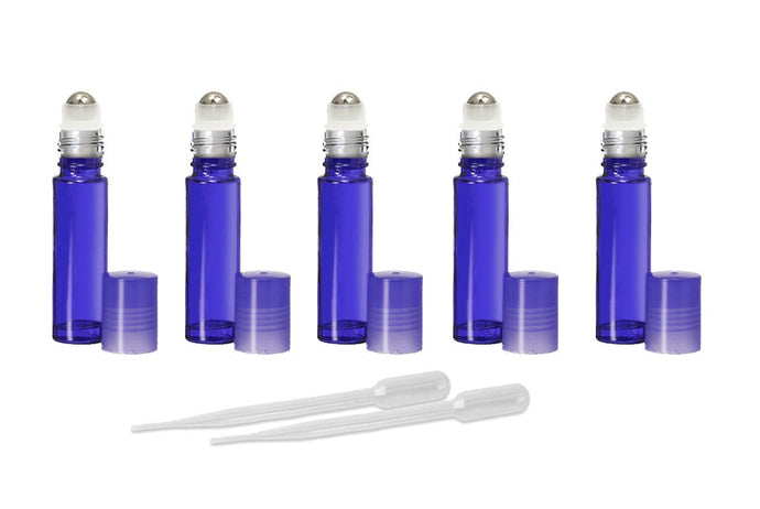12 Blue 10ml Empty Glass Roll On Bottles w STAINLESS STEEL ROLLERS Essential Oil Perfume Pink Clear Blue Yellow Red Green Purple