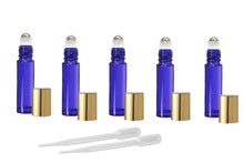 Load image into Gallery viewer, 12 Purple 10ml Empty Glass Roll On Bottles STAINLESS STEEL ROLLERS  Gold Caps Essential Oil Perfume Pink Clear Blue Yellow Red Green Purple