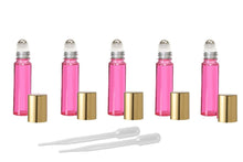 Load image into Gallery viewer, 12 Purple 10ml Empty Glass Roll On Bottles STAINLESS STEEL ROLLERS  Gold Caps Essential Oil Perfume Pink Clear Blue Yellow Red Green Purple