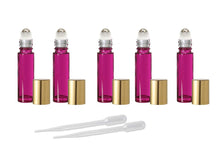 Load image into Gallery viewer, 12 Red 10ml Empty Glass Roll On Bottles STAINLESS STEEL ROLLERS  Gold Caps Essential Oil Perfume Pink Clear Blue Yellow Red Green Purple