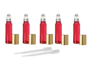 12 Red 10ml Empty Glass Roll On Bottles STAINLESS STEEL ROLLERS  Gold Caps Essential Oil Perfume Pink Clear Blue Yellow Red Green Purple