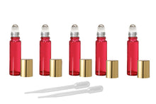 Load image into Gallery viewer, 12 Pink 10ml Empty Glass Roll On Bottles STAINLESS STEEL ROLLERS and Gold Caps Essential Oil Perfume Pink Clear Blue Yellow Red Green Purple