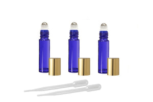 12 Cobalt Blue 10ml Glass Roll On Bottles STAINLESS STEEL ROLLERS Gold Caps Essential Oil Perfume Roll On Blue Glass Not Painted or Sprayed
