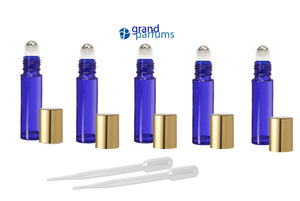 6 Cobalt Blue 10ml Glass Roll On Bottles STAINLESS STEEL ROLLERS Gold Caps Essential Oil Perfume Roll On Blue Glass Not Painted or Sprayed