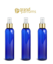Load image into Gallery viewer, 3 PBA Free Pet Plastic 8 Oz Cobalt Blue (240ml) Cosmo Bottles w/ Gold Matte Spray Cap for Perfume Essential Oil Blends Aromatherapy DIY
