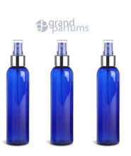 Load image into Gallery viewer, 3 PBA Free Pet Plastic 8 Oz Cobalt Blue (240ml) Cosmo Bottles w/ Gold Matte Spray Cap for Perfume Essential Oil Blends Aromatherapy DIY