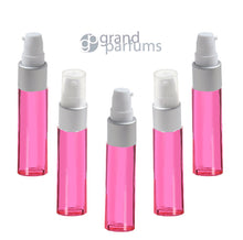 Load image into Gallery viewer, 3 Fine Mist Atomizer 1/3 Oz (10ml) Spray Bottles Pink Glass w/ Matte Silver Caps Perfumes Essential Oil Blends Private Label Cosmetic DIY