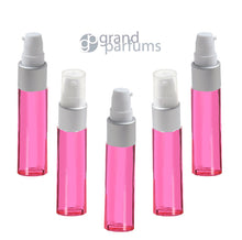 Load image into Gallery viewer, 3 Glass Treatment Pump 1/3 Oz Girly Pink (10ml) Lotion Bottles w/ Silver Matte Vials Serum Foundation Creams Hair Elixirs Cosmetic DIY